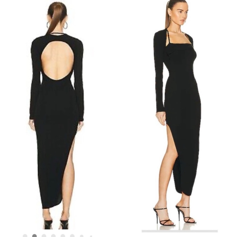 Elegant Black Long Sleeve Dress with open back
High side slits.
